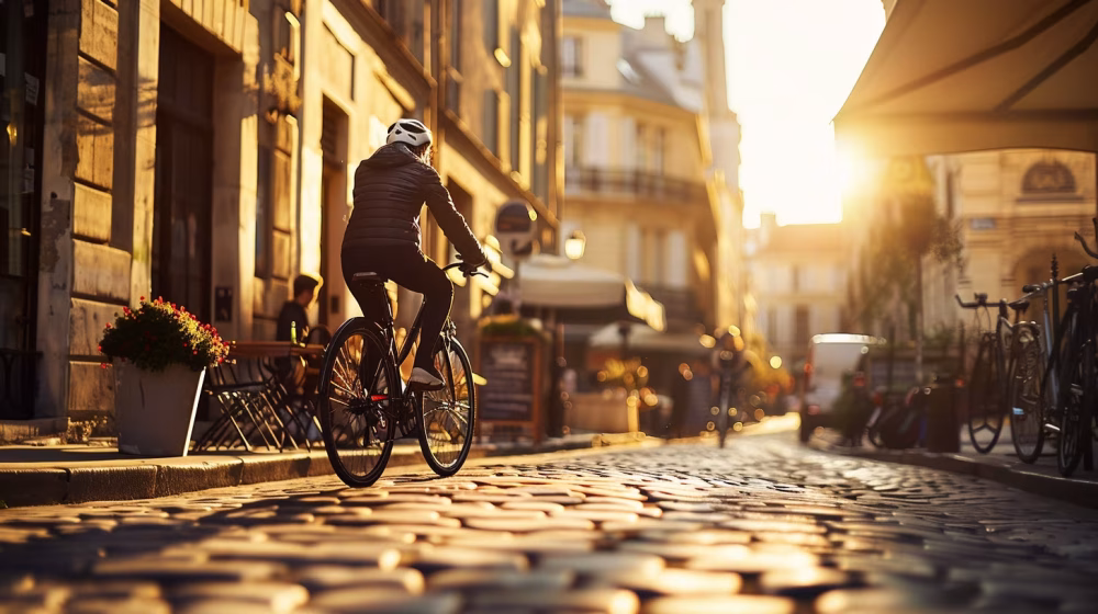 Cycliste en ville en France — location de vélo urbain