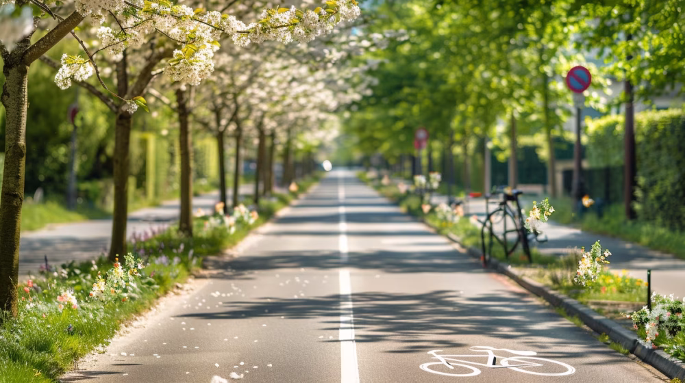 Piste cyclable ensoleillée en France — mobilité douce